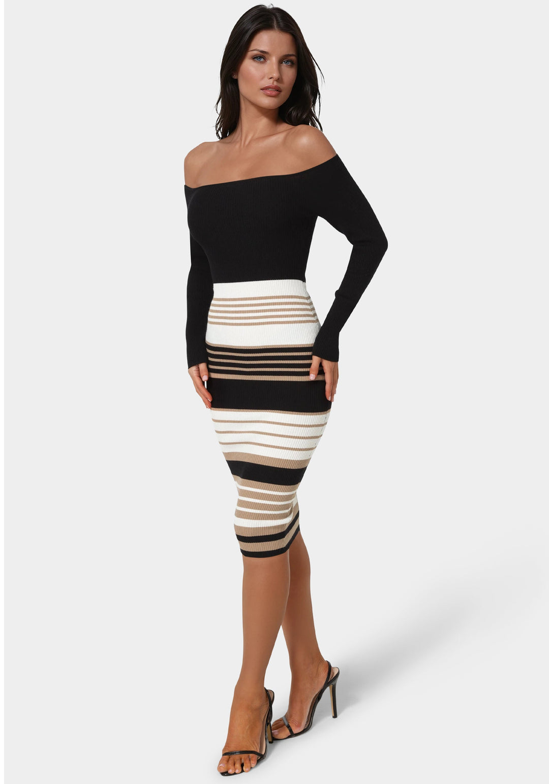Side View-Off Shoulder Stripe Dress-BLACK/TAN