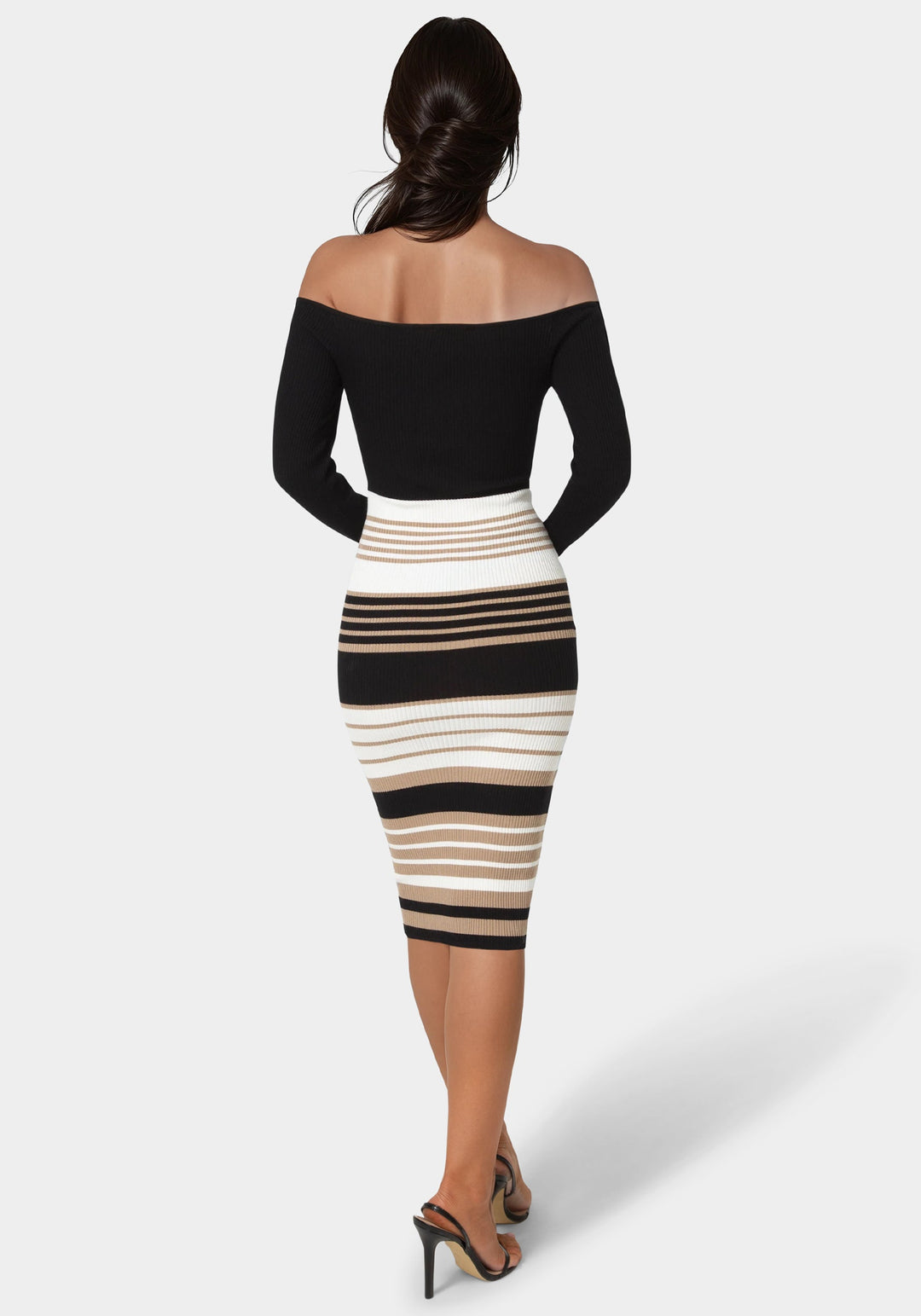 Back View-Off Shoulder Stripe Dress-BLACK/TAN