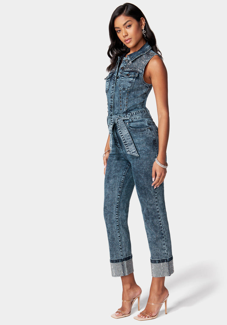 Lightweight Denim Cargo Style Straight Leg Jumpsuit