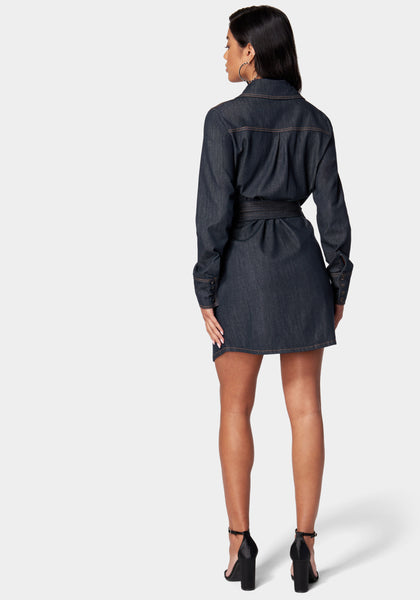 Belted Button Down Denim Shirt Dress | bebe