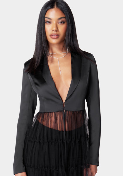 Satin Tailored Jacket With Tulle Hem | bebe