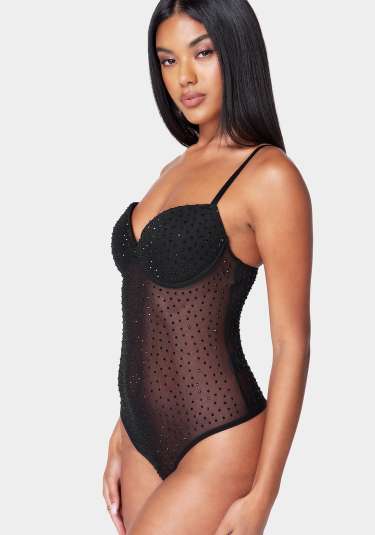 Tops, Black Rhinestone Mesh Bodysuit In Xs