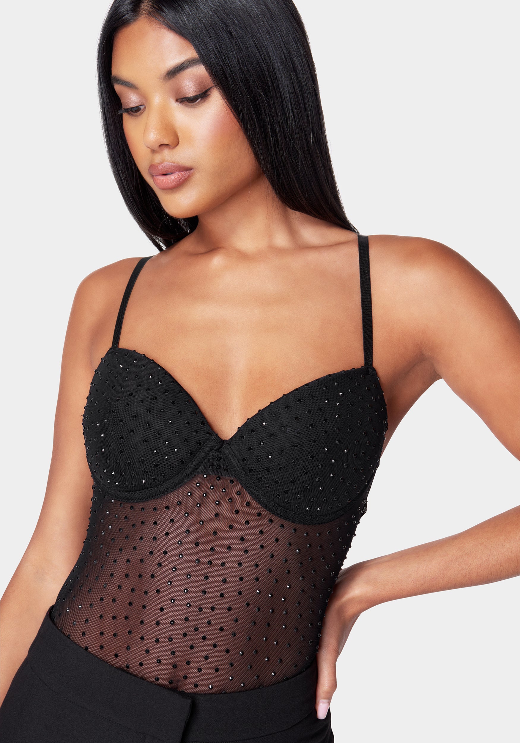 Black Rhinestone Mesh Sleeveless Embellished Bodysuit