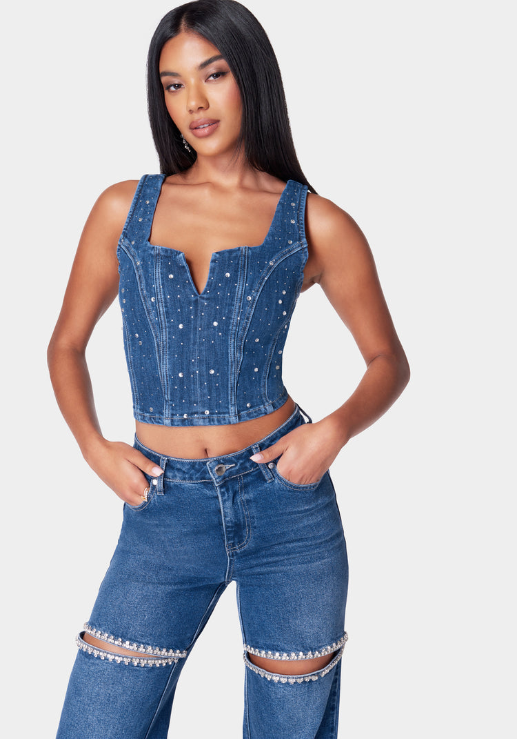 Rhinestone Detail Denim Bustier