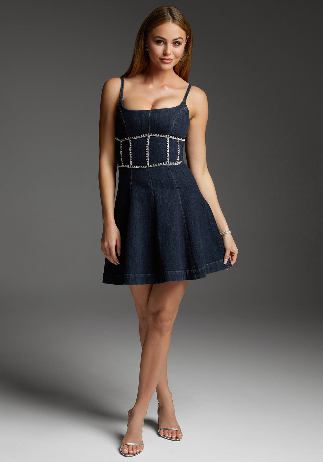 Women's Bebe Fit & Flare Denim Dress Embellished with Crystals by Swarovski, Size XL in Indigo Wash Cotton/Spandex Women's Bebe Fit & Flare Denim Dress Embellished with Crystals by Swarovski, Size XL in Indigo Wash Cotton/Spandex
