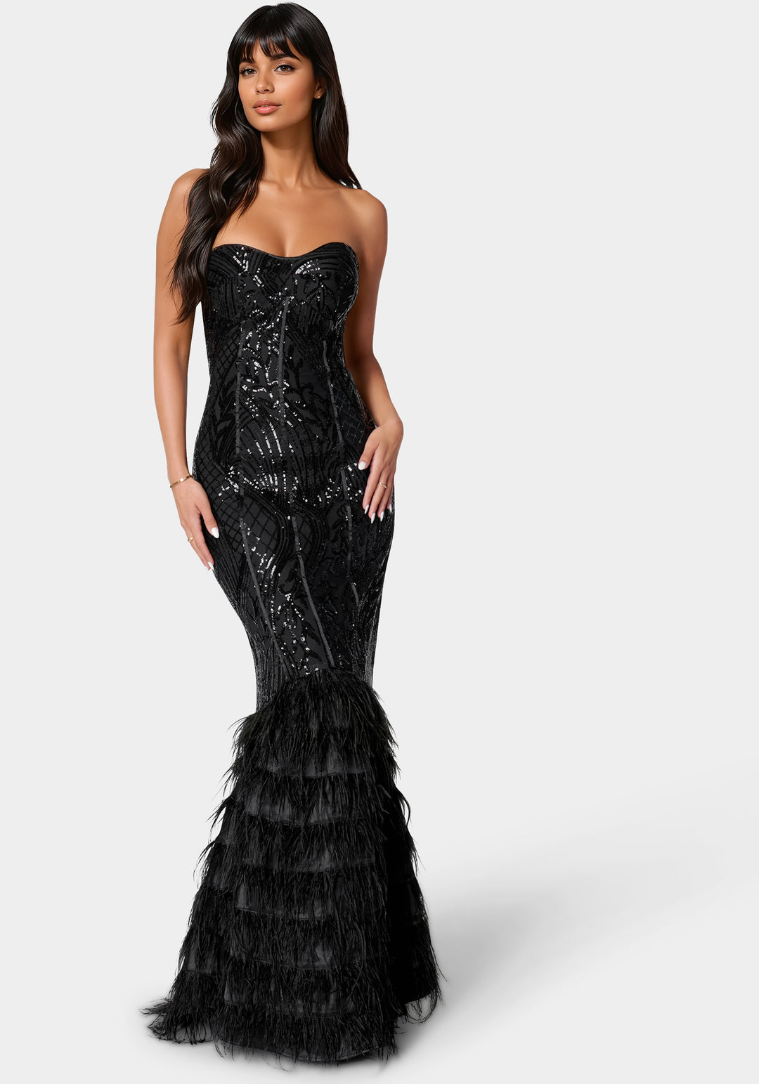 Front View-Sequin Feather Gown-Black/Nude