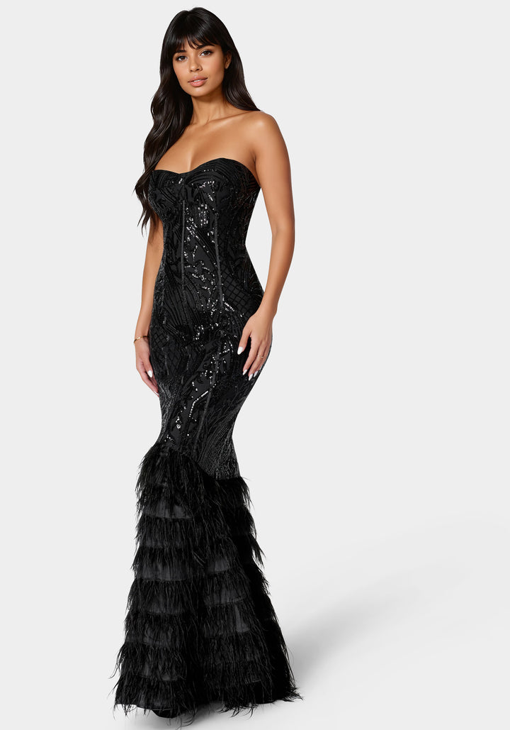 Side View-Sequin Feather Gown-Black/Nude