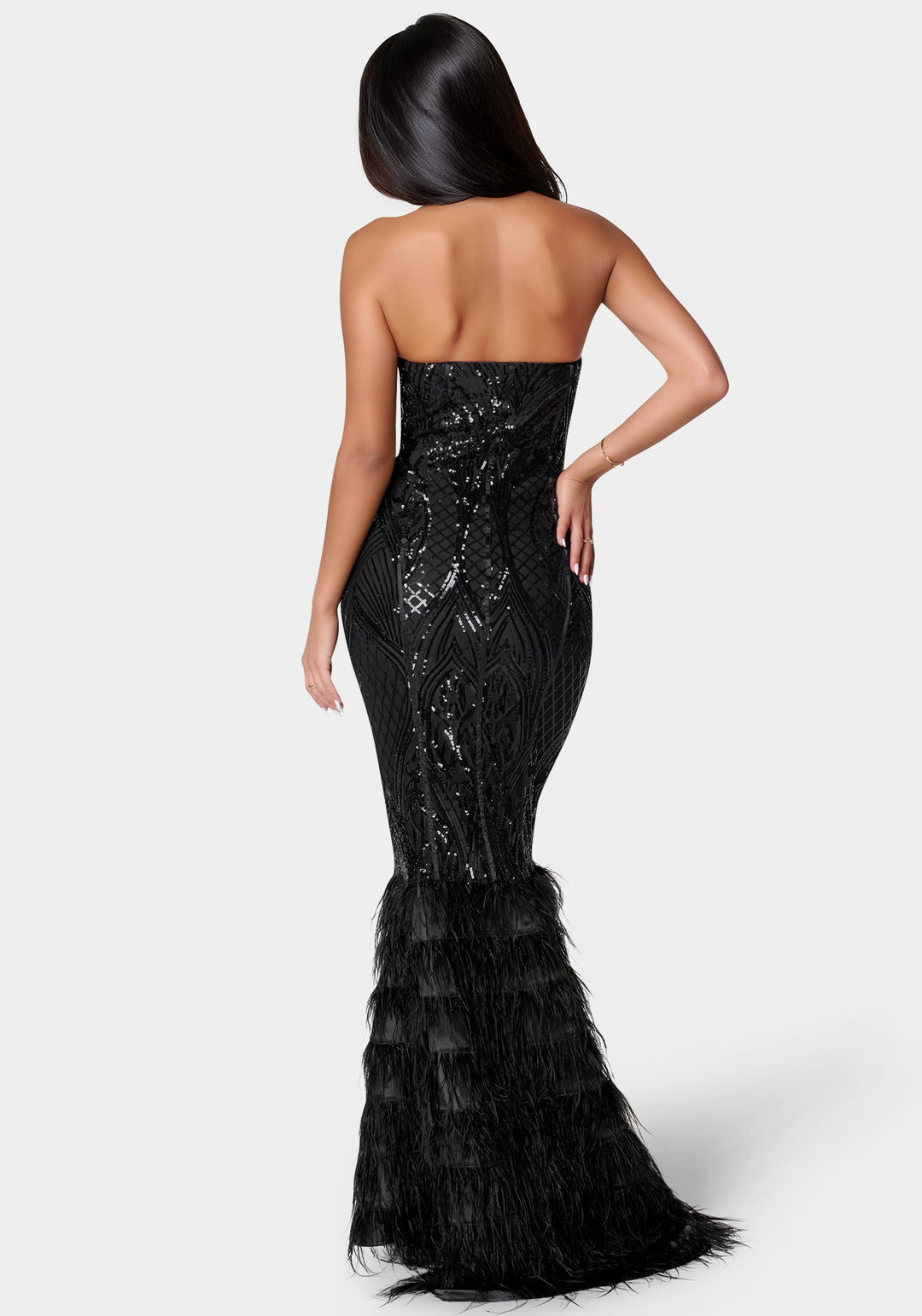 Back View-Sequin Feather Gown-Black/Nude