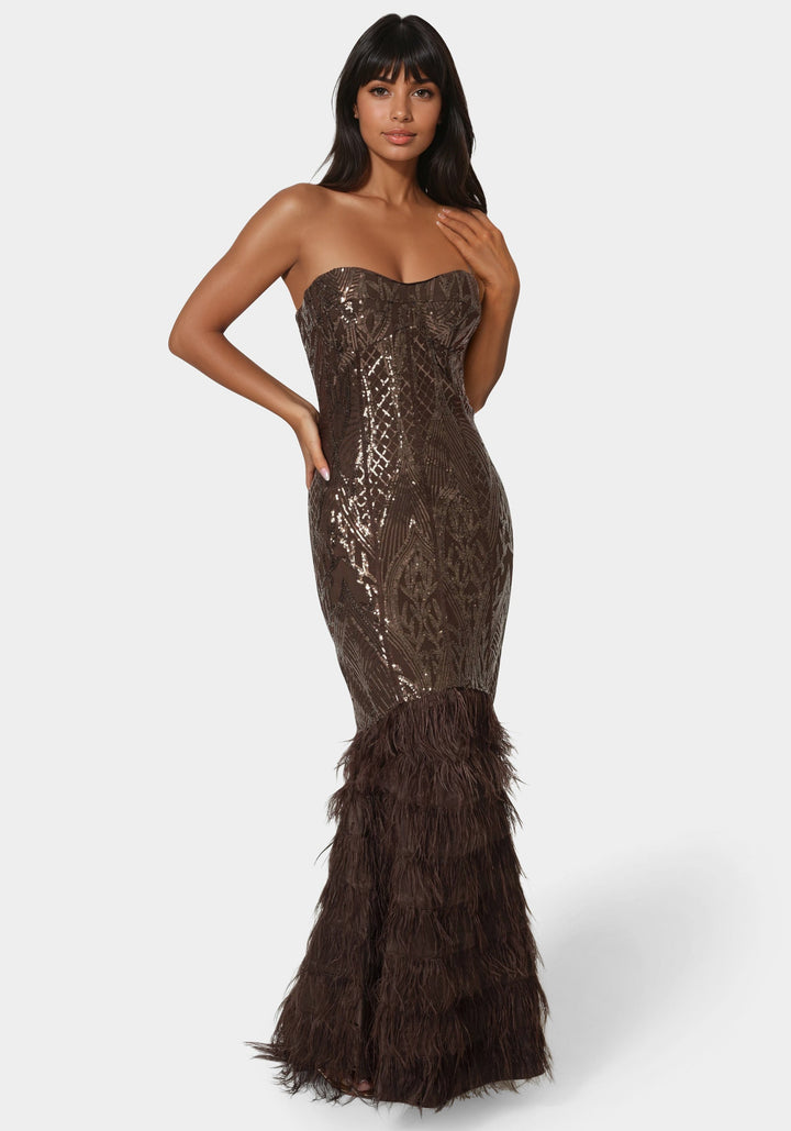 Front View-Sequin Feather Gown-CHOCOLATE