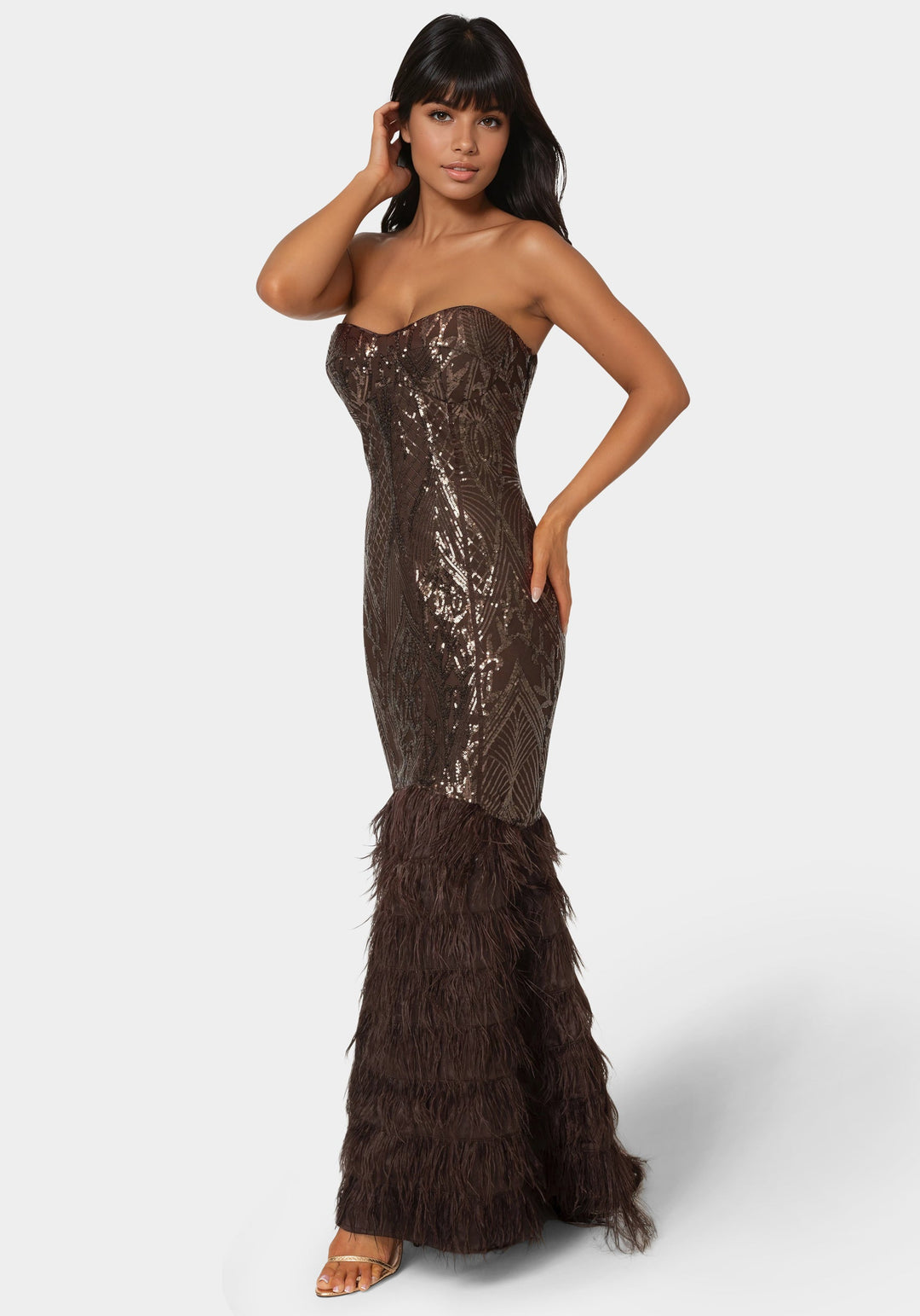 Side View-Sequin Feather Gown-CHOCOLATE