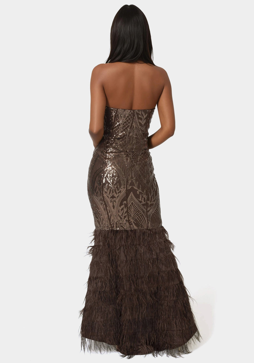 Back View-Sequin Feather Gown-CHOCOLATE
