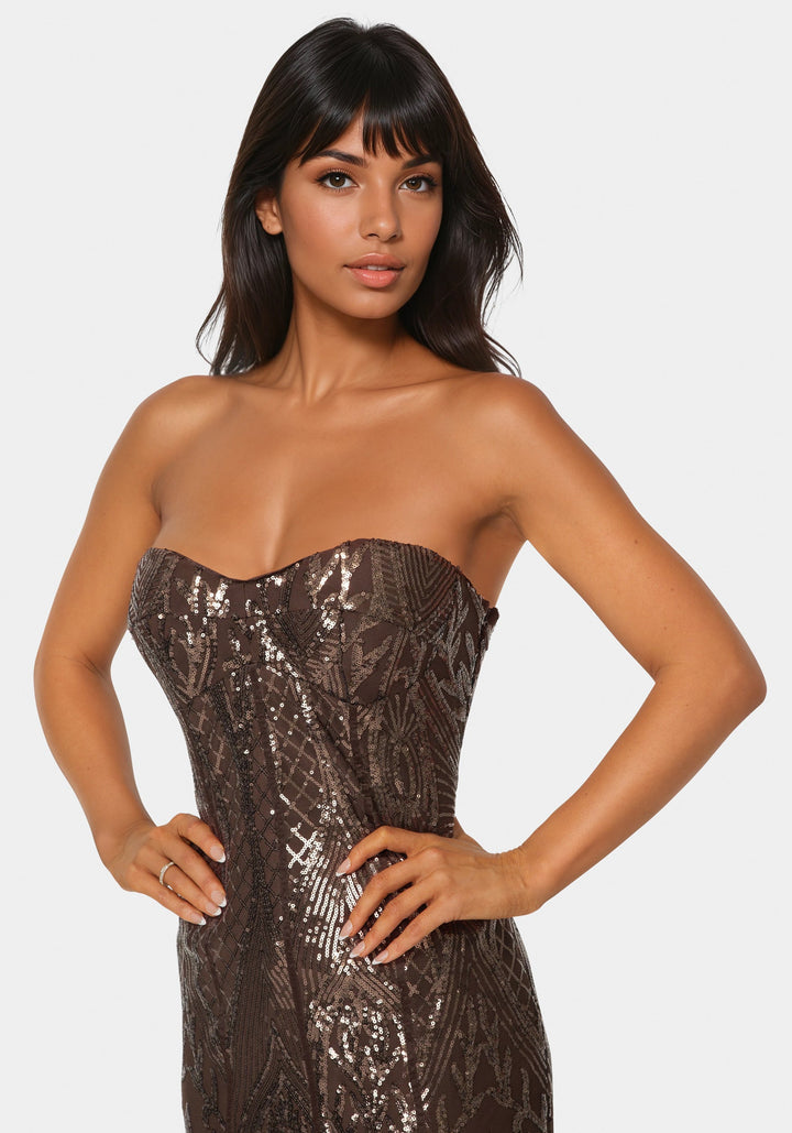 Other View-Sequin Feather Gown-CHOCOLATE