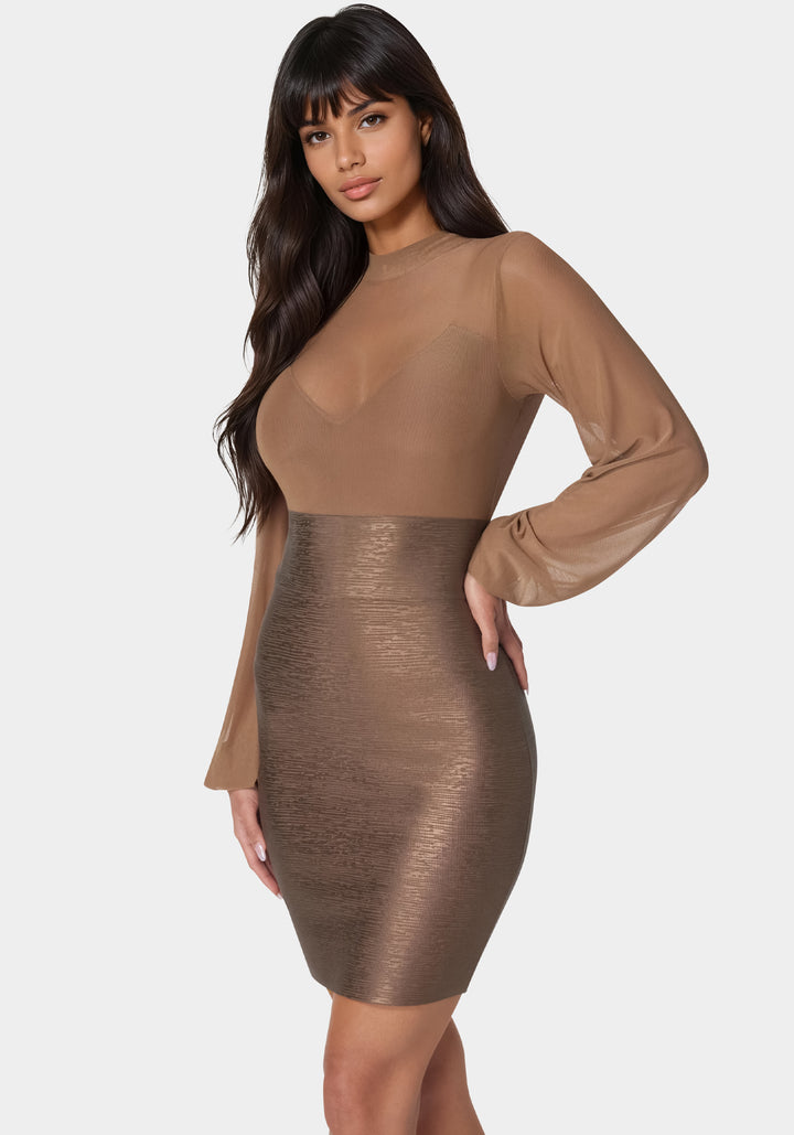Side View-Bandage Sparkle Skirt Dress-Mocha