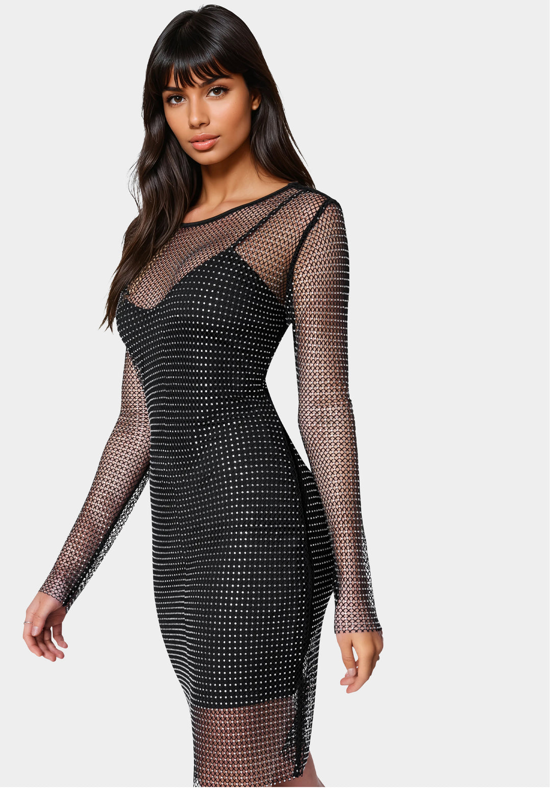 Side View-Diamante Crystal Mesh Mini Dress-Jet Black