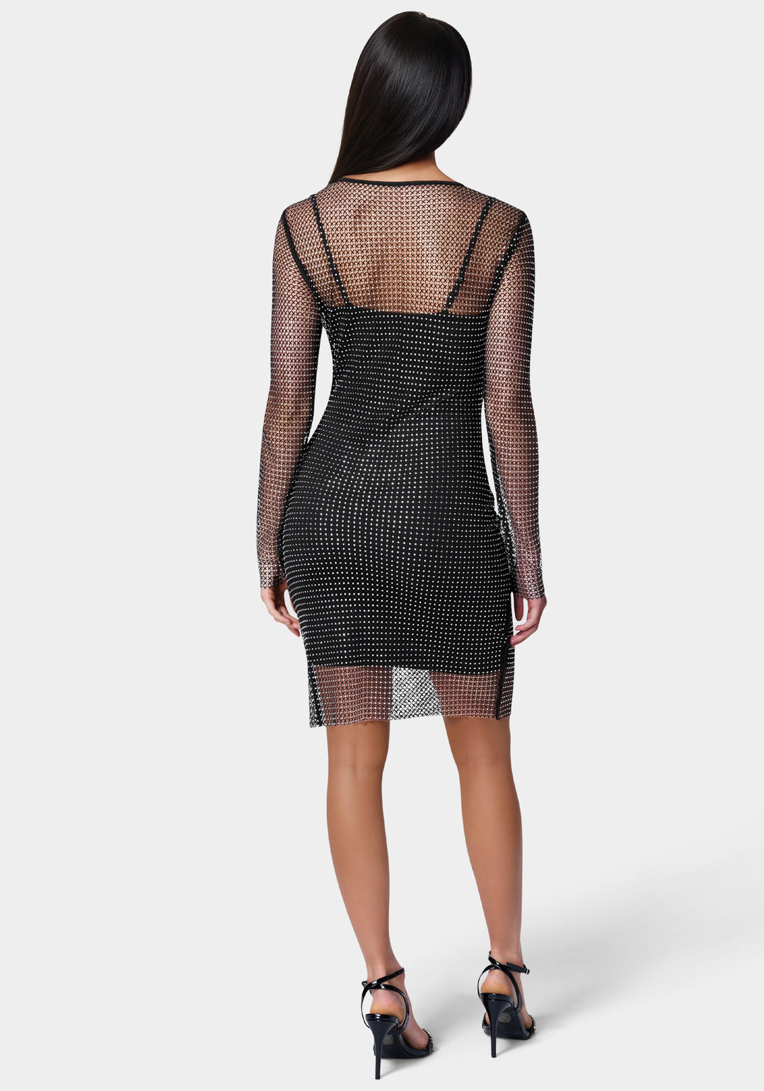 Back View-Diamante Crystal Mesh Mini Dress-Jet Black