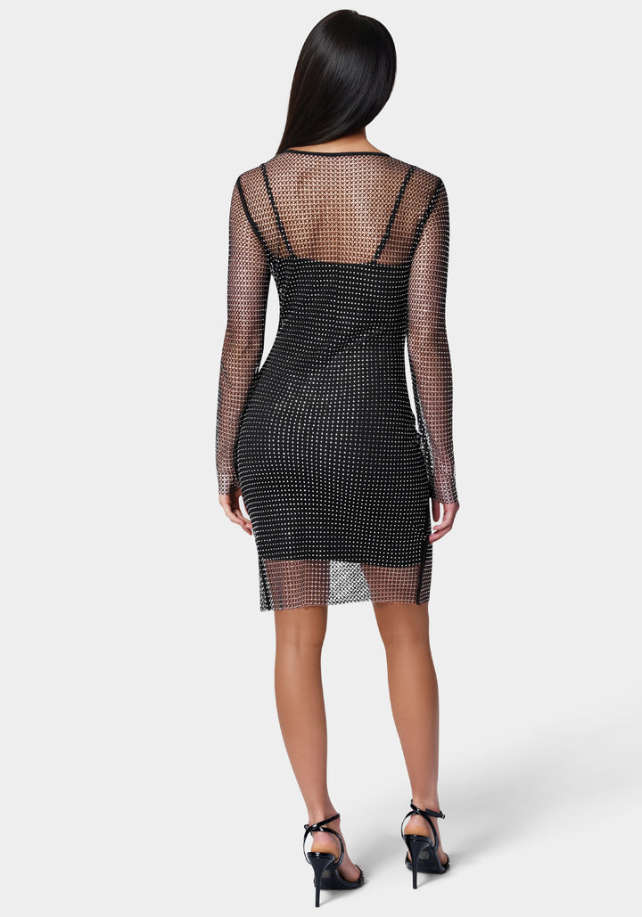 Back View-Diamante Crystal Mesh Mini Dress-Jet Black