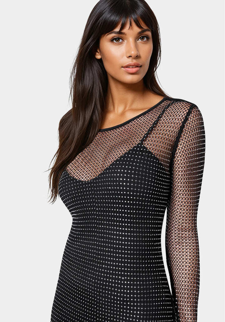 Other View-Diamante Crystal Mesh Mini Dress-Jet Black