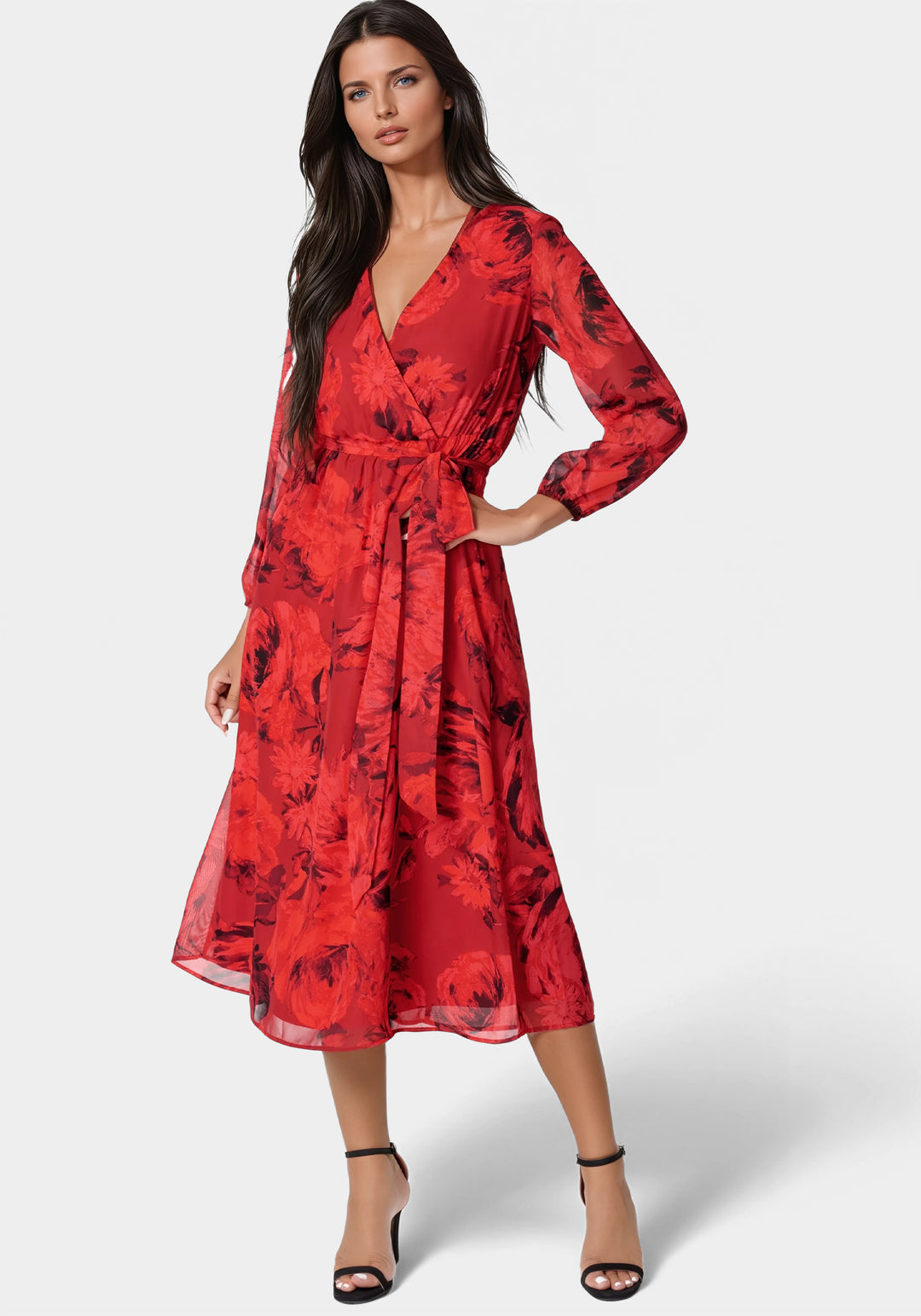 Bebe Womens Printed Chiffon Midi Dress Red S Bebe Womens Printed Chiffon Midi Dress Red S