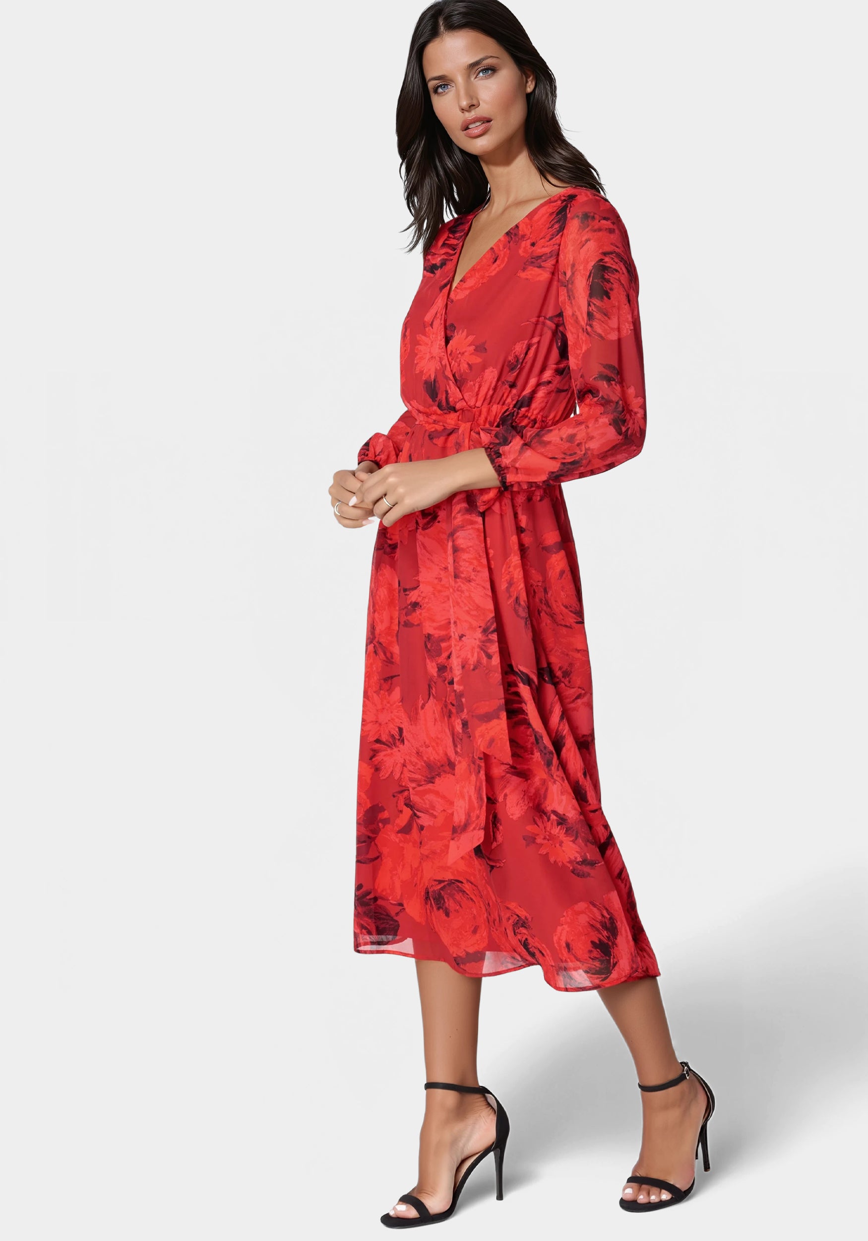 midi red wrap dress Graceful Pleats Faux-Wrap Belted Midi Dress in Red Red L