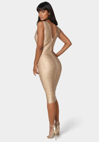 Back View-Foiled Bandage Metallic Dress-Champange