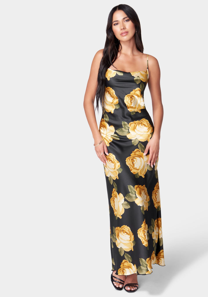 bebe black and gold dress Floral Cowl Neck Maxi Dreamy details like a Simple Square Neckline A-Line pair:saria-high-waist-shapewear-briefs-espresso Color:White (With a different lace)