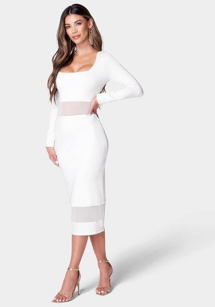 Square Neck Mesh Inset Dress | bebe