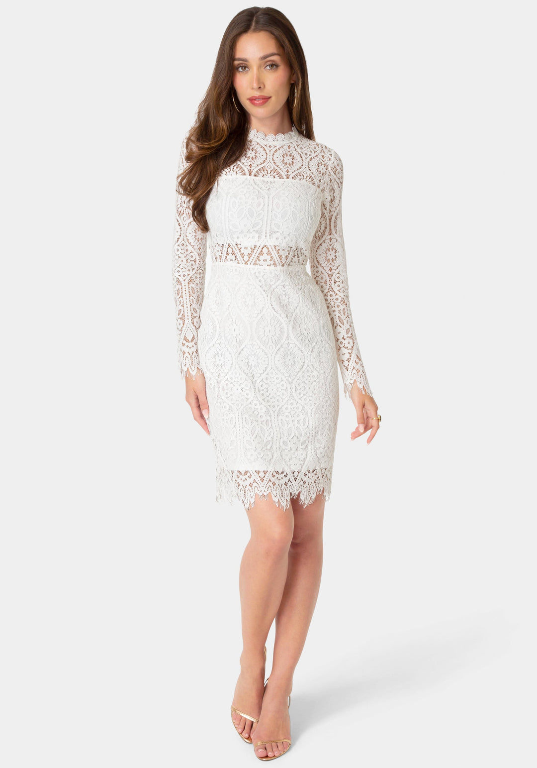 Front View-Bandeau Scallop Lace Pencil Dress-White