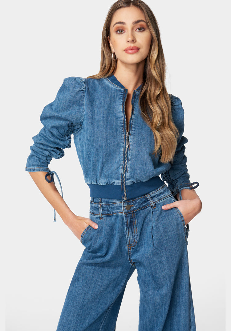 Ruched shoulder denim jacket discount