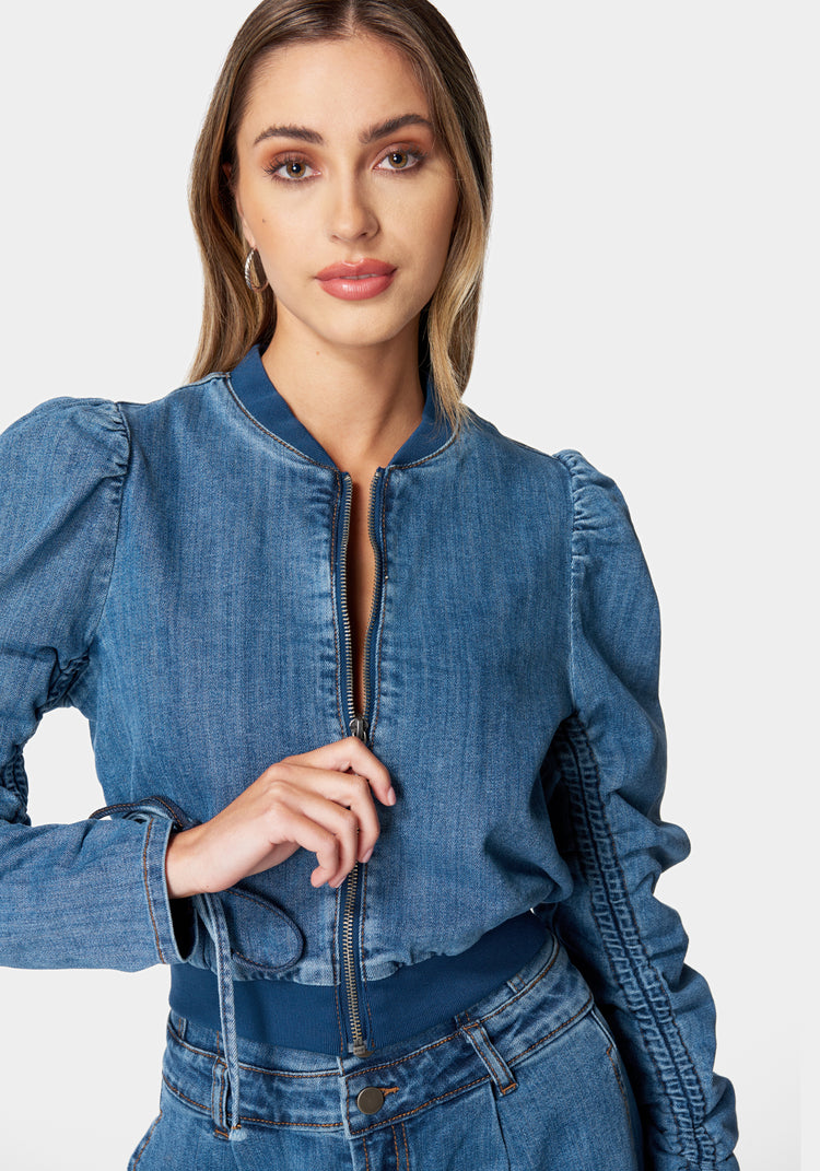 Ruched shoulder denim jacket new arrivals