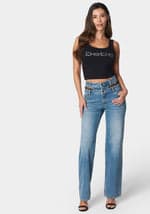 Double High Waistband Lace Insert Wide Leg Jeans