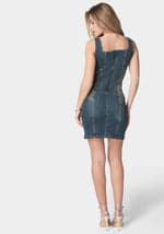 Square Neck Contour Ruching Fitted Denim Dress