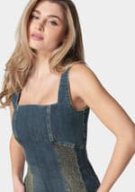 Square Neck Contour Ruching Fitted Denim Dress