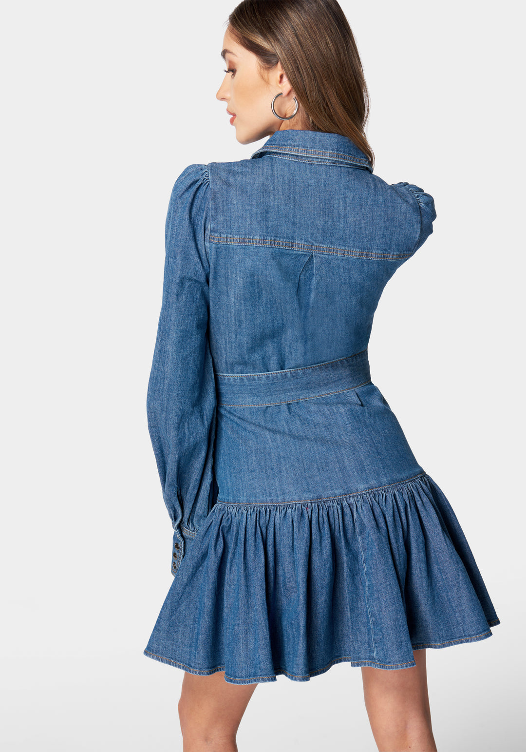 Bebe Women's Balloon Sleeves Fit And Flare Denim Dress, Size XL in Blue Cotton/Spandex Bebe Women's Balloon Sleeves Fit And Flare Denim Dress, Size XL in Blue Cotton/Spandex