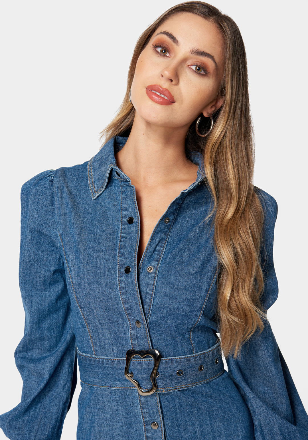 Bebe Women's Balloon Sleeves Fit and Flare Denim Dress, Size XL in Blue Cotton/Spandex Bebe Women's Balloon Sleeves Fit and Flare Denim Dress, Size XL in Blue Cotton/Spandex