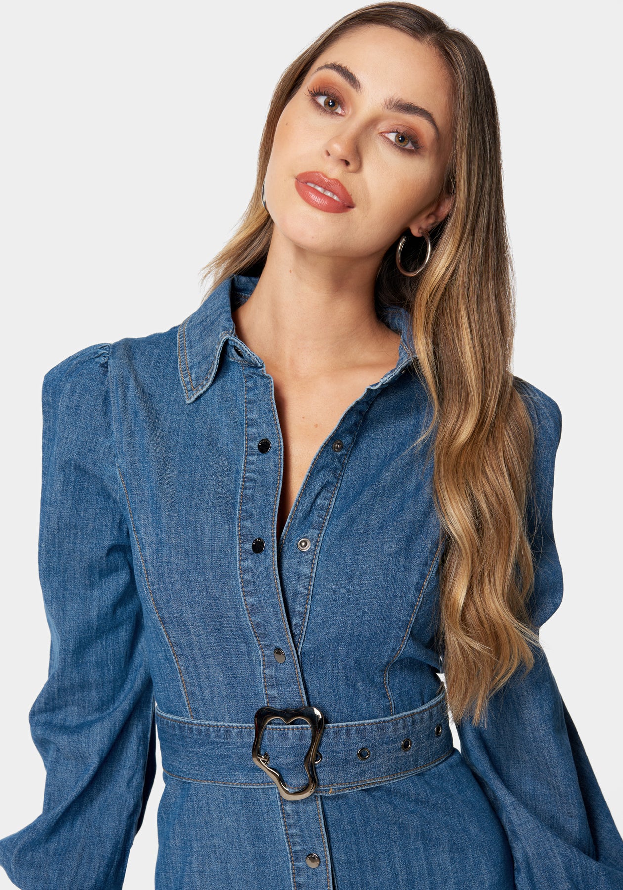 Bebe Women's Balloon Sleeves Fit and Flare Denim Dress, Size XL in Blue Cotton/Spandex Bebe Women's Balloon Sleeves Fit and Flare Denim Dress, Size XL in Blue Cotton/Spandex