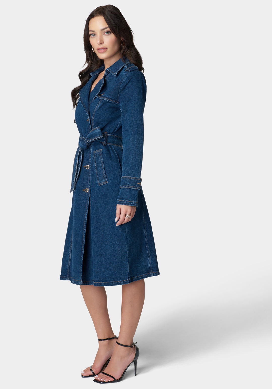 Double Breasted Denim Trench Coat bebe Double Breasted Denim Trench Coat bebe