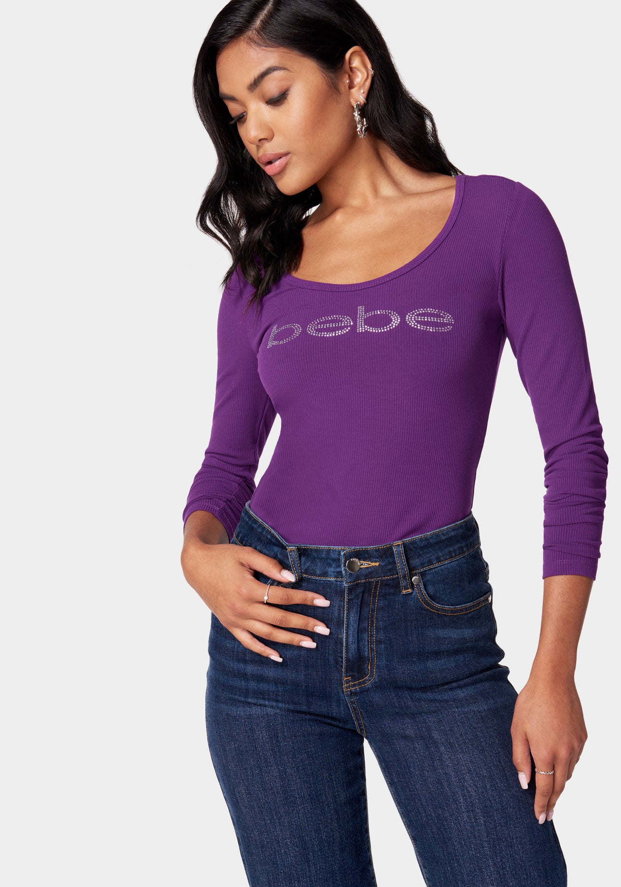 Long Sleeve Scoop Neck Bebe Logo Rib Top – bebe