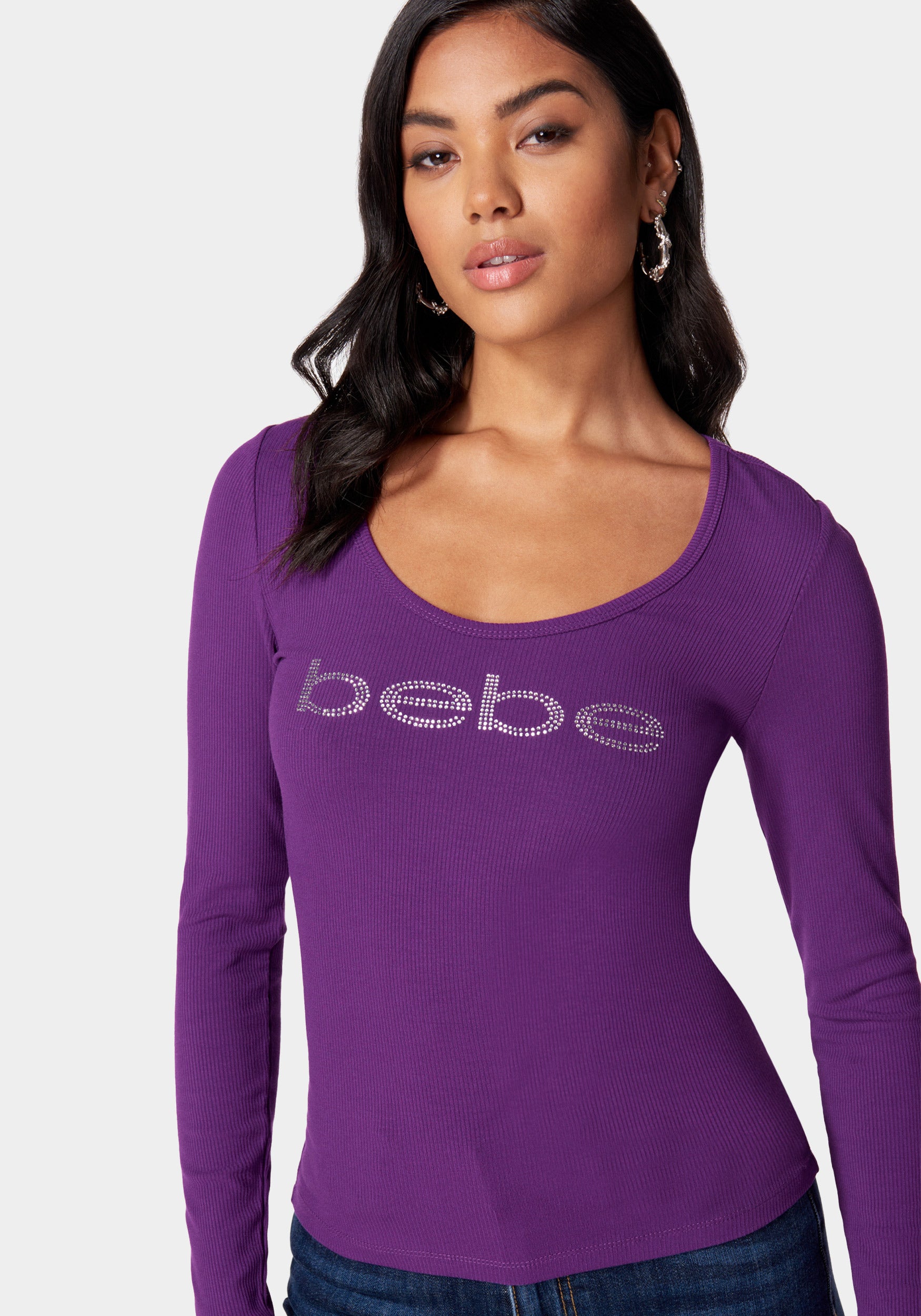 Long Sleeve Scoop Neck Bebe Logo Rib Top – bebe