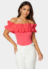 Off Shoulder Poplin Ruffle Knit Bodysuit