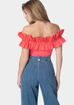 Off Shoulder Poplin Ruffle Knit Bodysuit