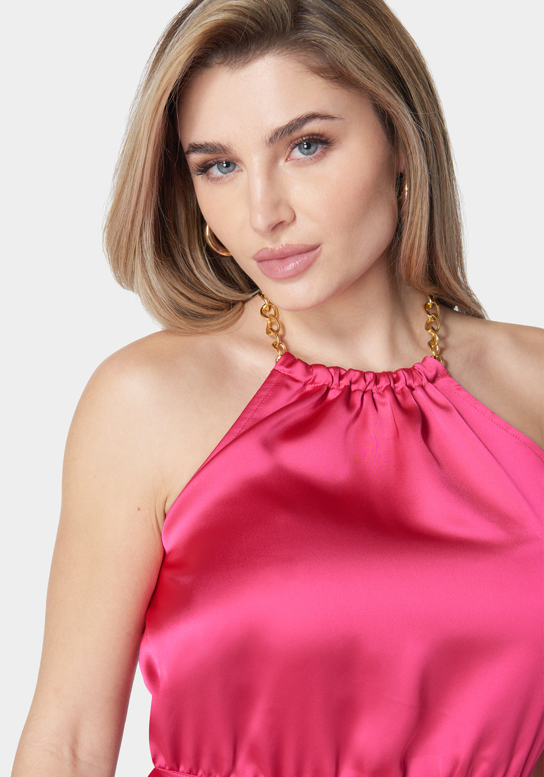 Bebe Women's Chain Link Tie Back Halter Top, Size 6 in Pink Peakcock Polyester Bebe Women's Chain Link Tie Back Halter Top, Size 6 in Pink Peakcock Polyester
