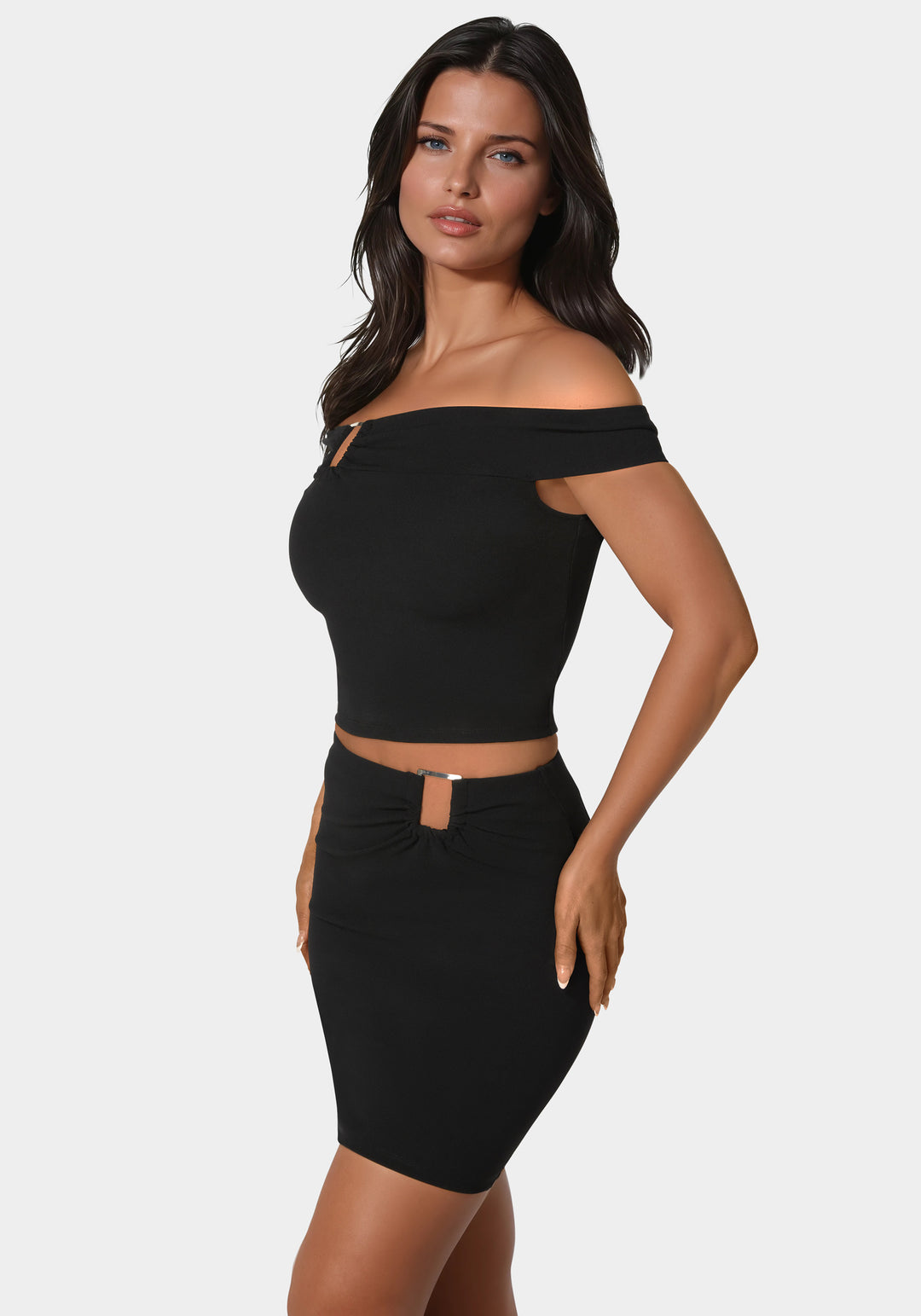 Off Shoulder Metal Trim Top And Skirt