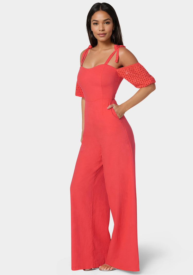 Embroidered Cotton Puff Sleeve Full Wide Leg Jumpsuit