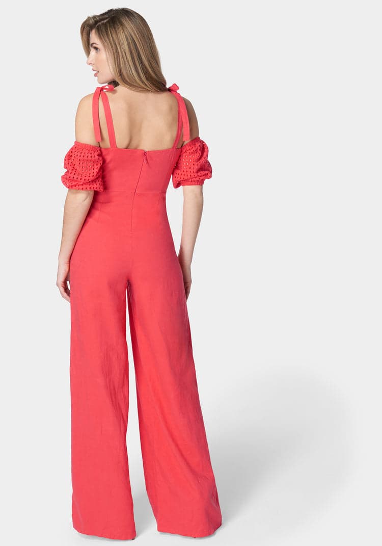 Embroidered Cotton Puff Sleeve Full Wide Leg Jumpsuit