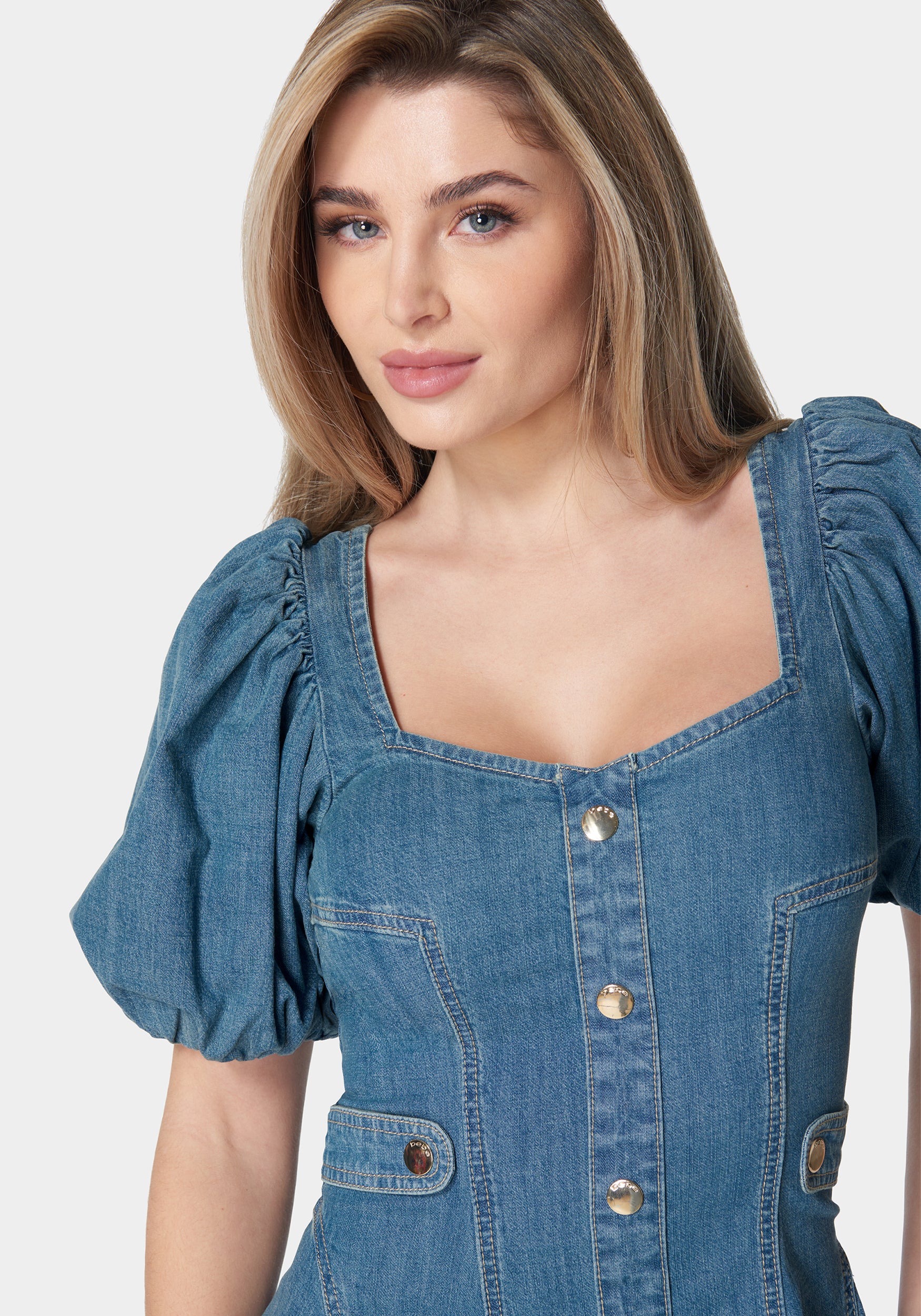 【美品】herlipto Eze Puff-Sleeve Denim Dress herlipto Eze Puff-Sleeve Denim Dress