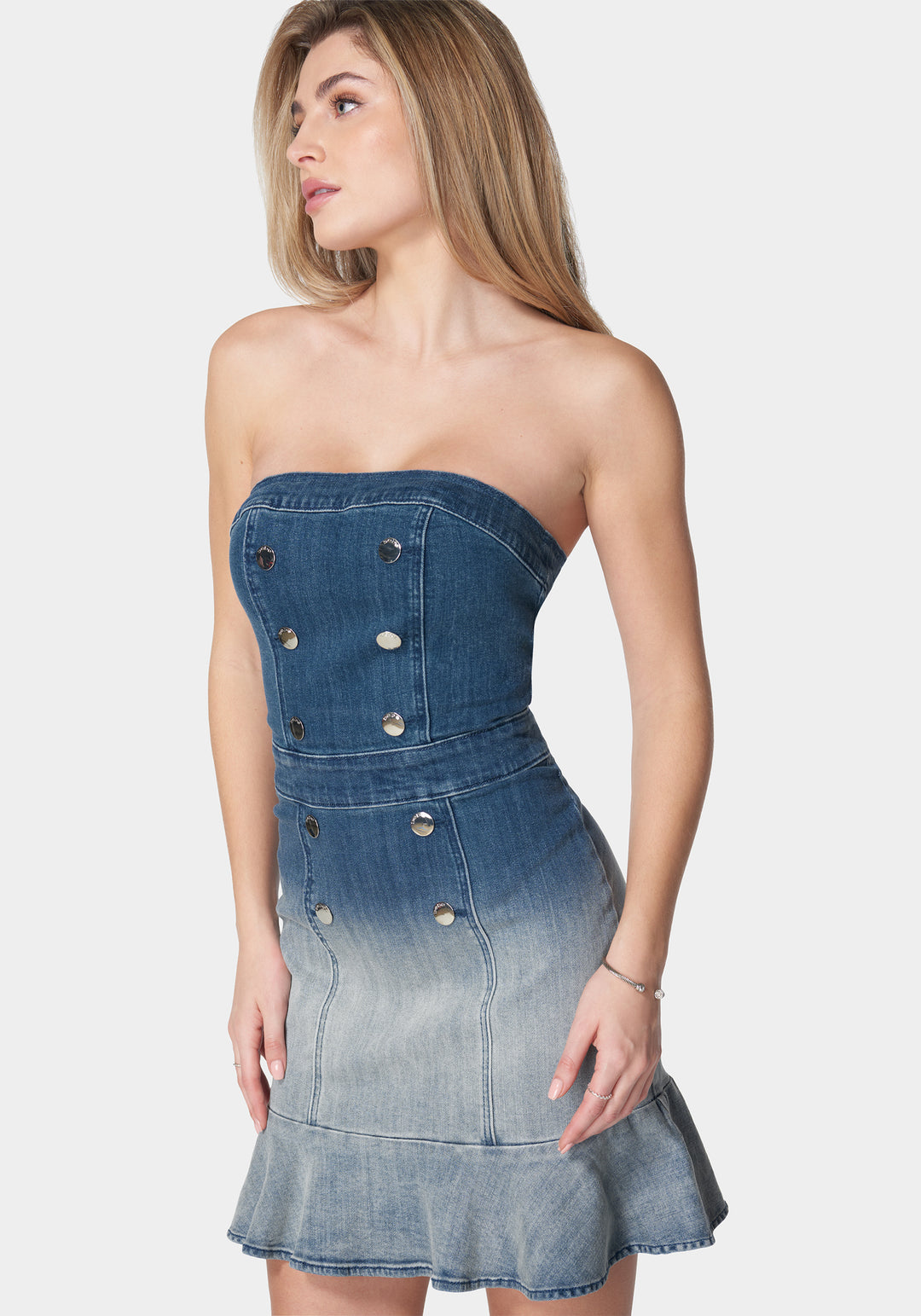 Bebe Women's Strapless Ombre Fitted Denim Dress, Size 8 in True Blue Ombre Wash Cotton/Spandex Bebe Women's Strapless Ombre Fitted Denim Dress, Size 8 in True Blue Ombre Wash Cotton/Spandex