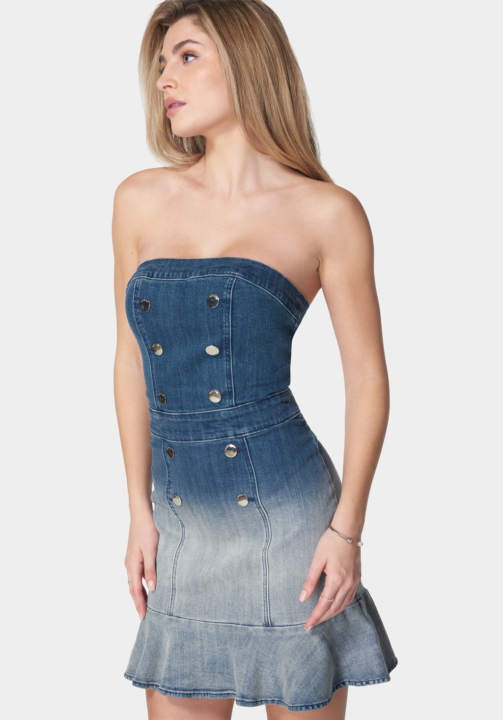 denim strapless dress Bebe Women's Strapless Ombre Fitted Denim Dress, Size 8 in True Blue Ombre Wash Cotton/Spandex