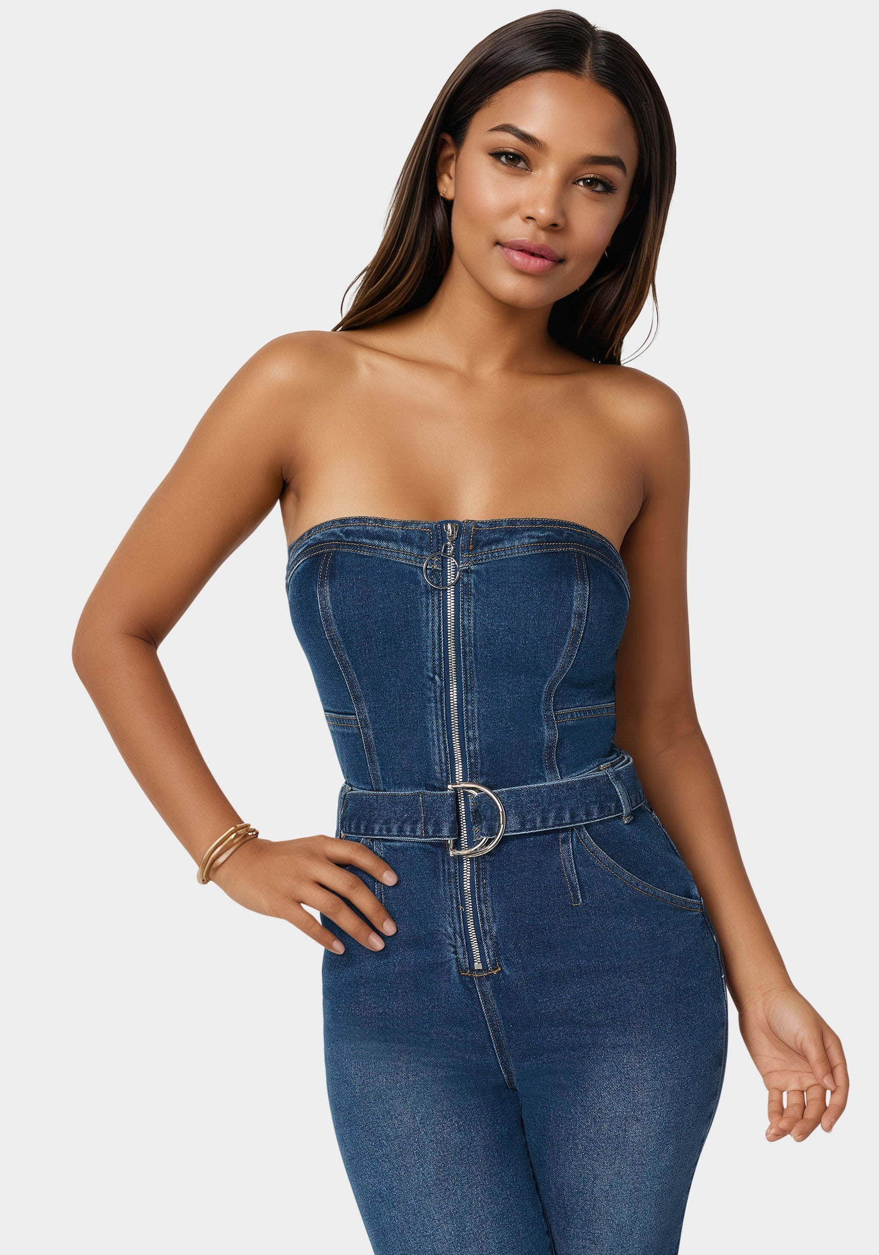 Front Zipper Wide Leg Denim Jumpsuit – bebe
