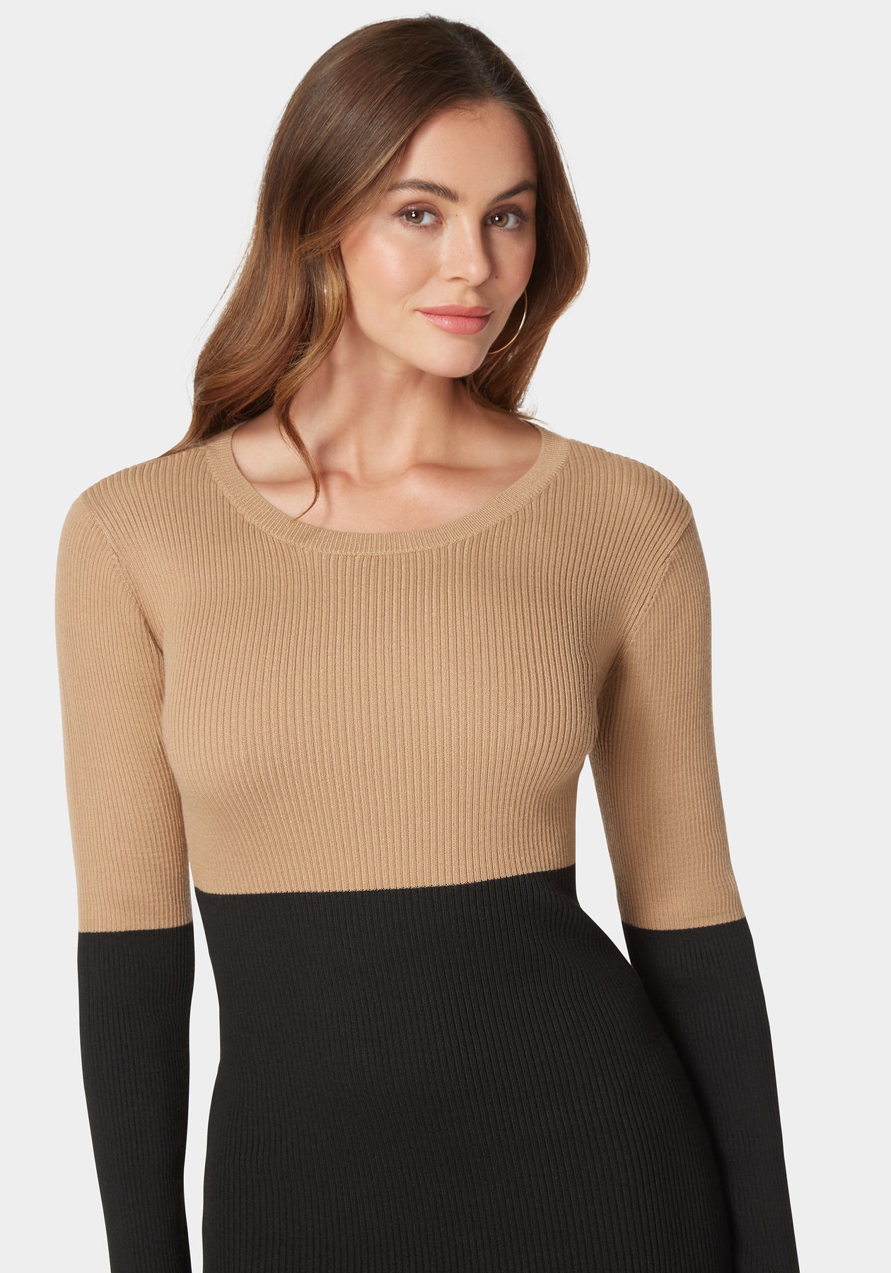 Midi Color Block Sweater Dress Camel Black - bebe Midi Color Block Sweater Dress Camel Black - bebe