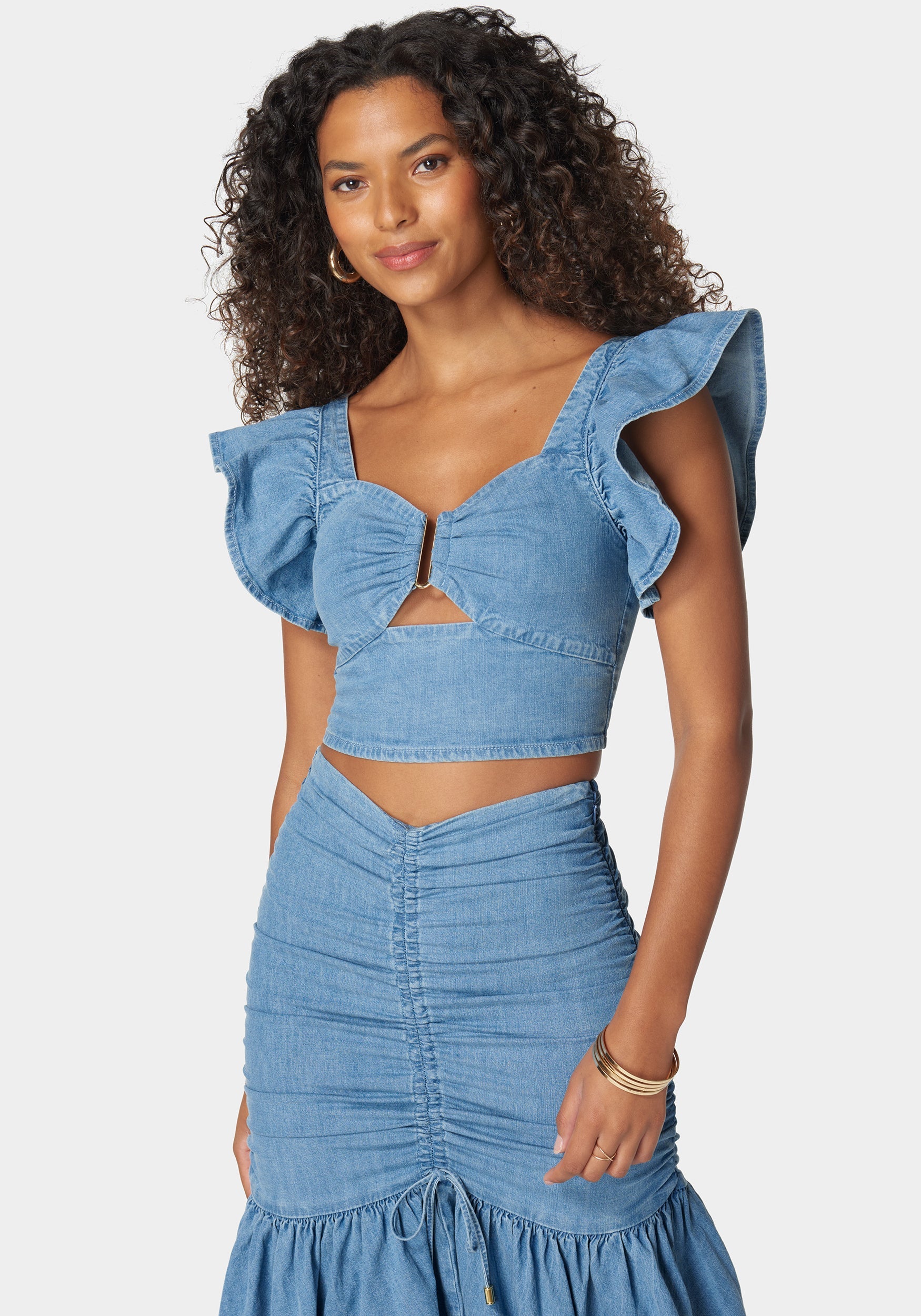 Ruffled Open Front Denim Top